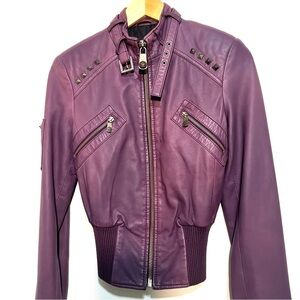❌❌SOLD❌❌Rock & Republic Cropped Purple Leather Studded Bomber Jacket, Size small